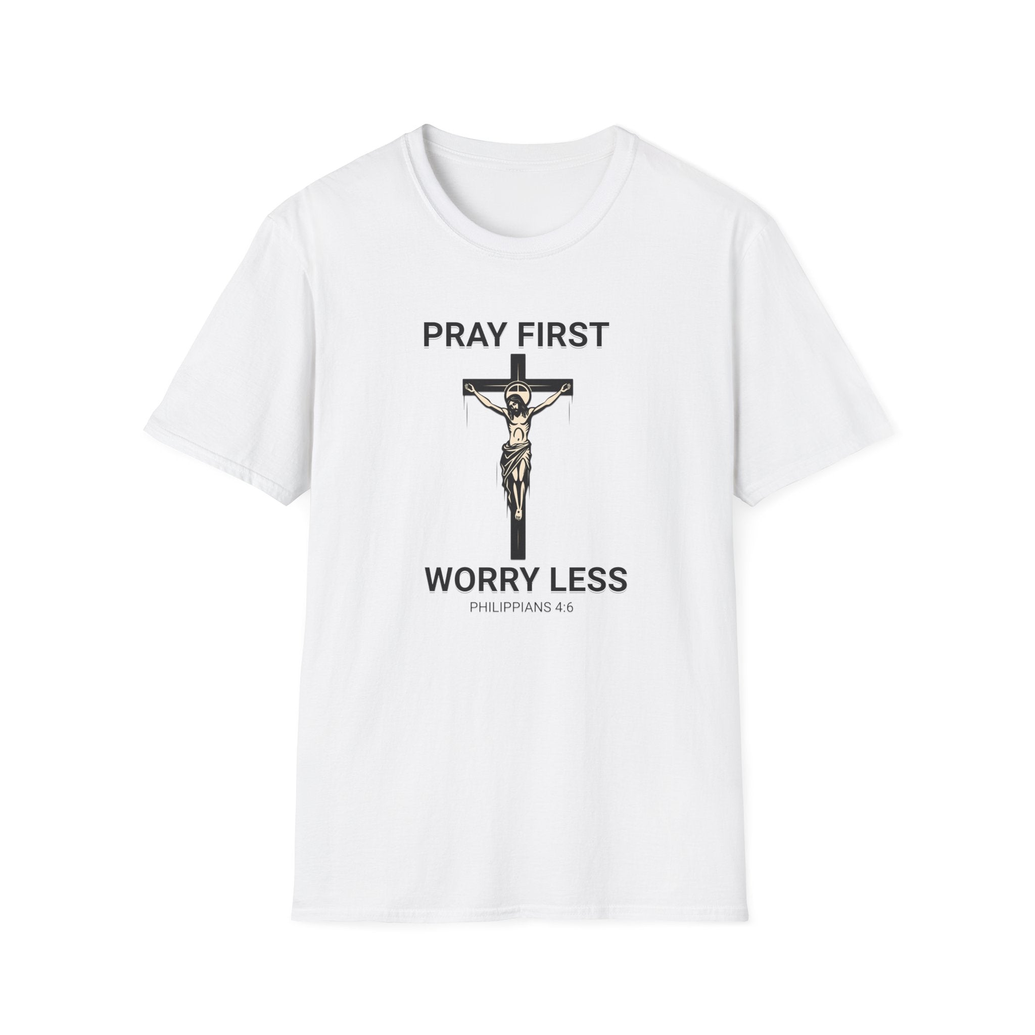 Pray First, Worry Less T-Shirt — Christian Cross Faith Tee