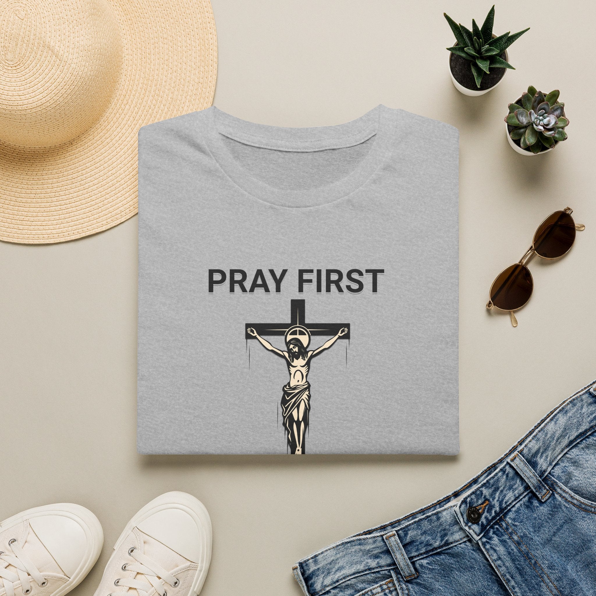 Pray First, Worry Less T-Shirt — Christian Cross Faith Tee