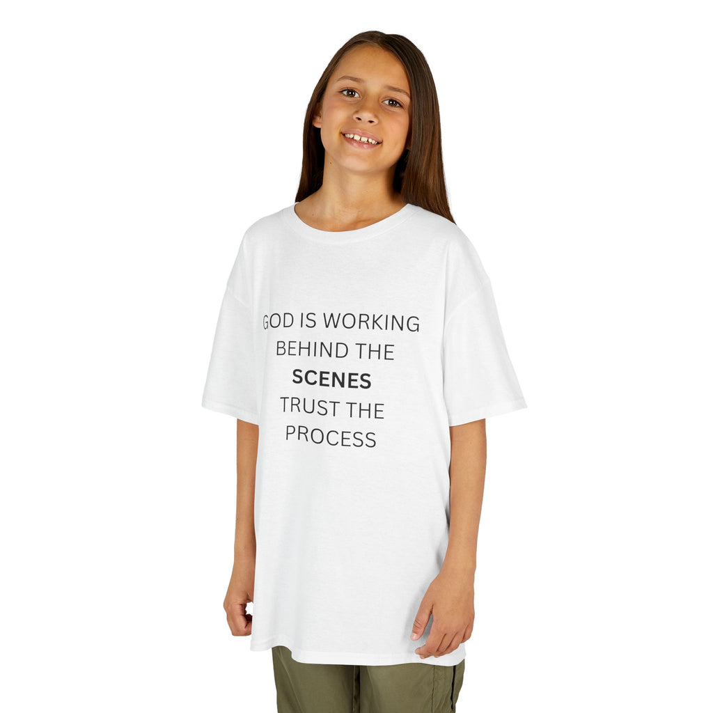 Kids Tee — "God Is Working Behind The Scenes" Inspirational Christian Shirt