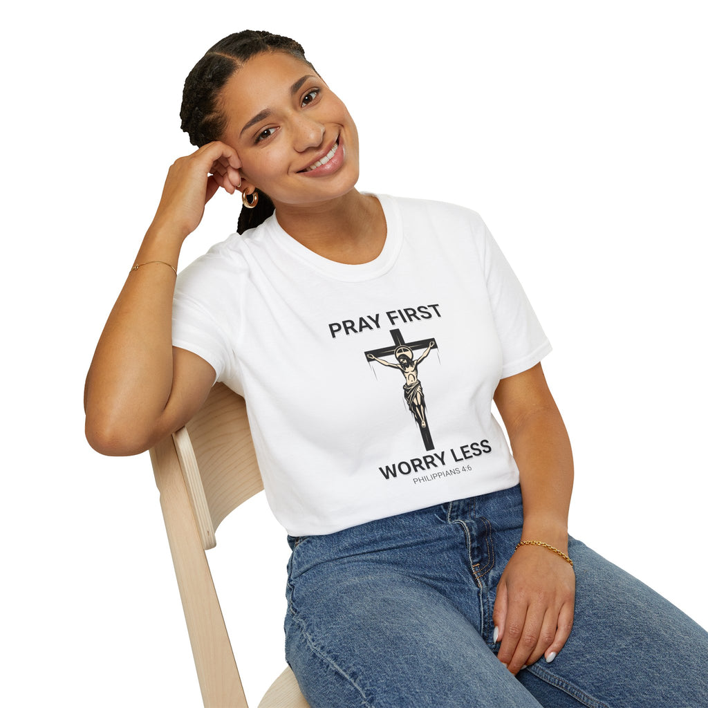 Pray First, Worry Less T-Shirt — Christian Cross Faith Tee