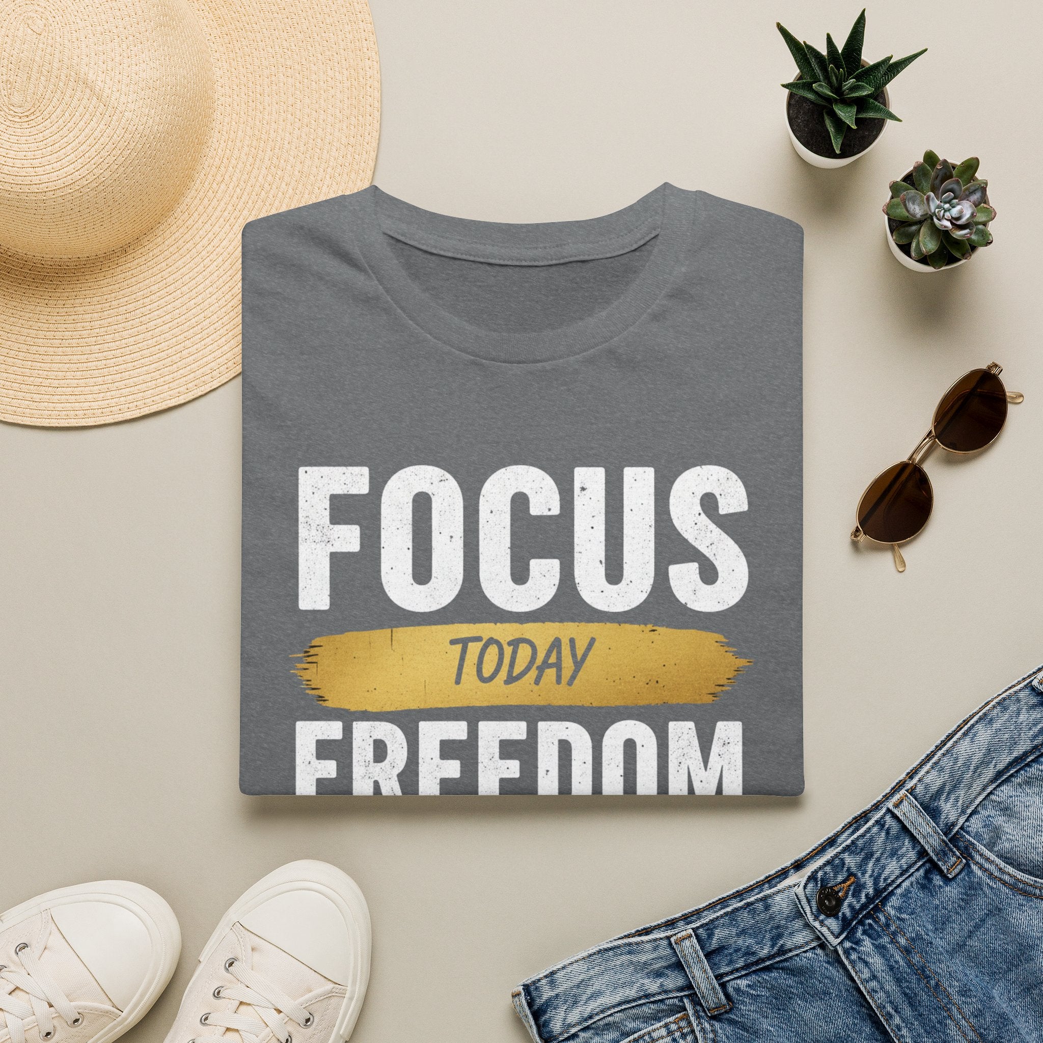 T-Shirt — "Focus Today, Rest Tomorrow" Gold Brush Stroke Inspirational Tee