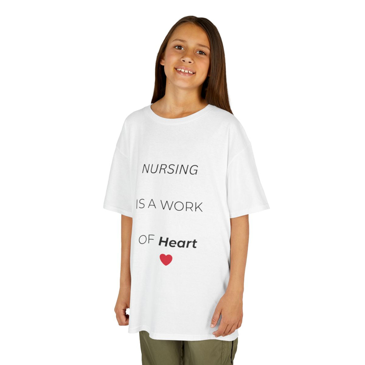 Kids Tee — "Nursing Is A Work Of Heart" Heartfelt Pediatric Nurse T‑Shirt