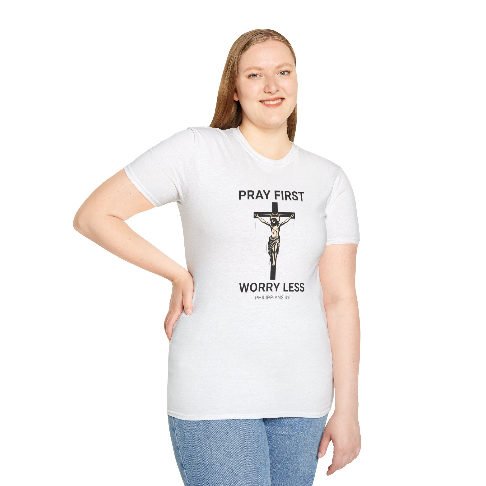 Pray First, Worry Less T-Shirt — Christian Cross Faith Tee