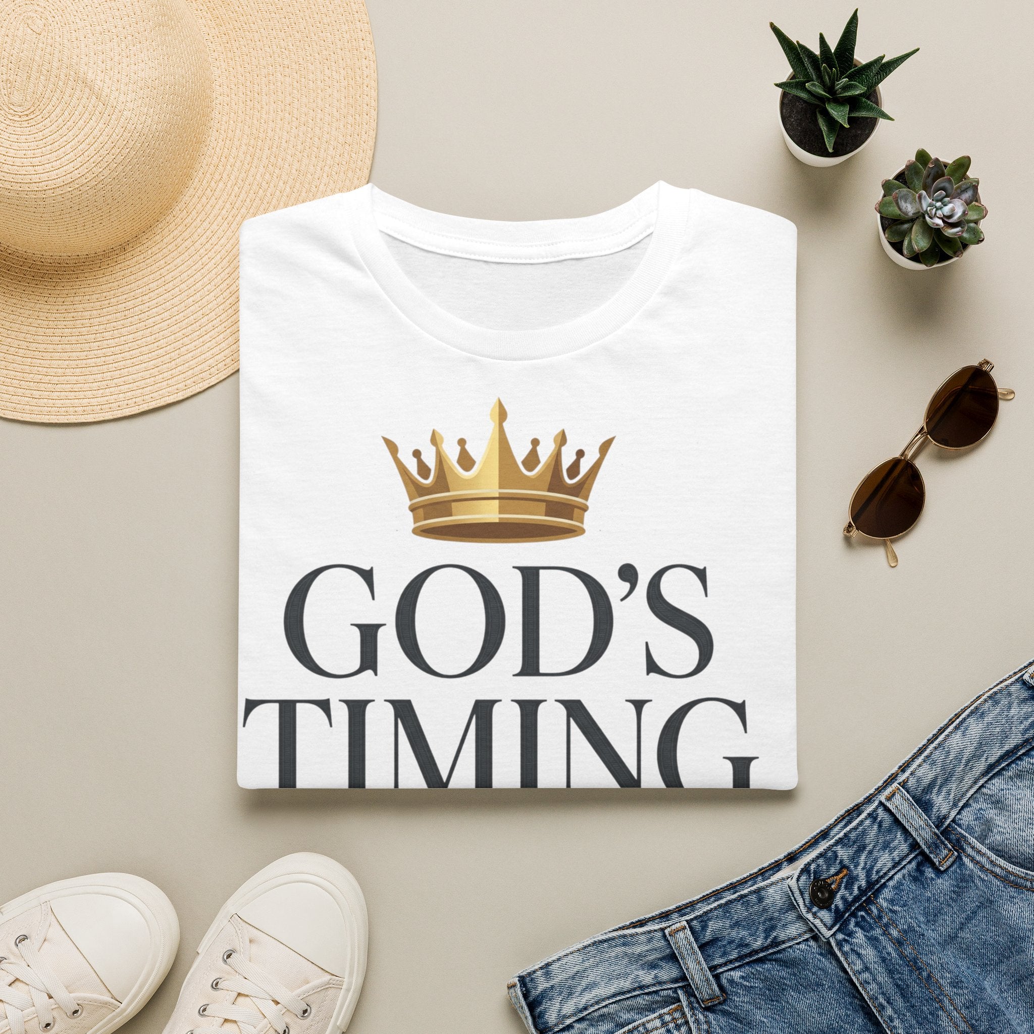 God’s Timing Is Perfection T-Shirt — Inspirational Christian Tee with Gold Crown