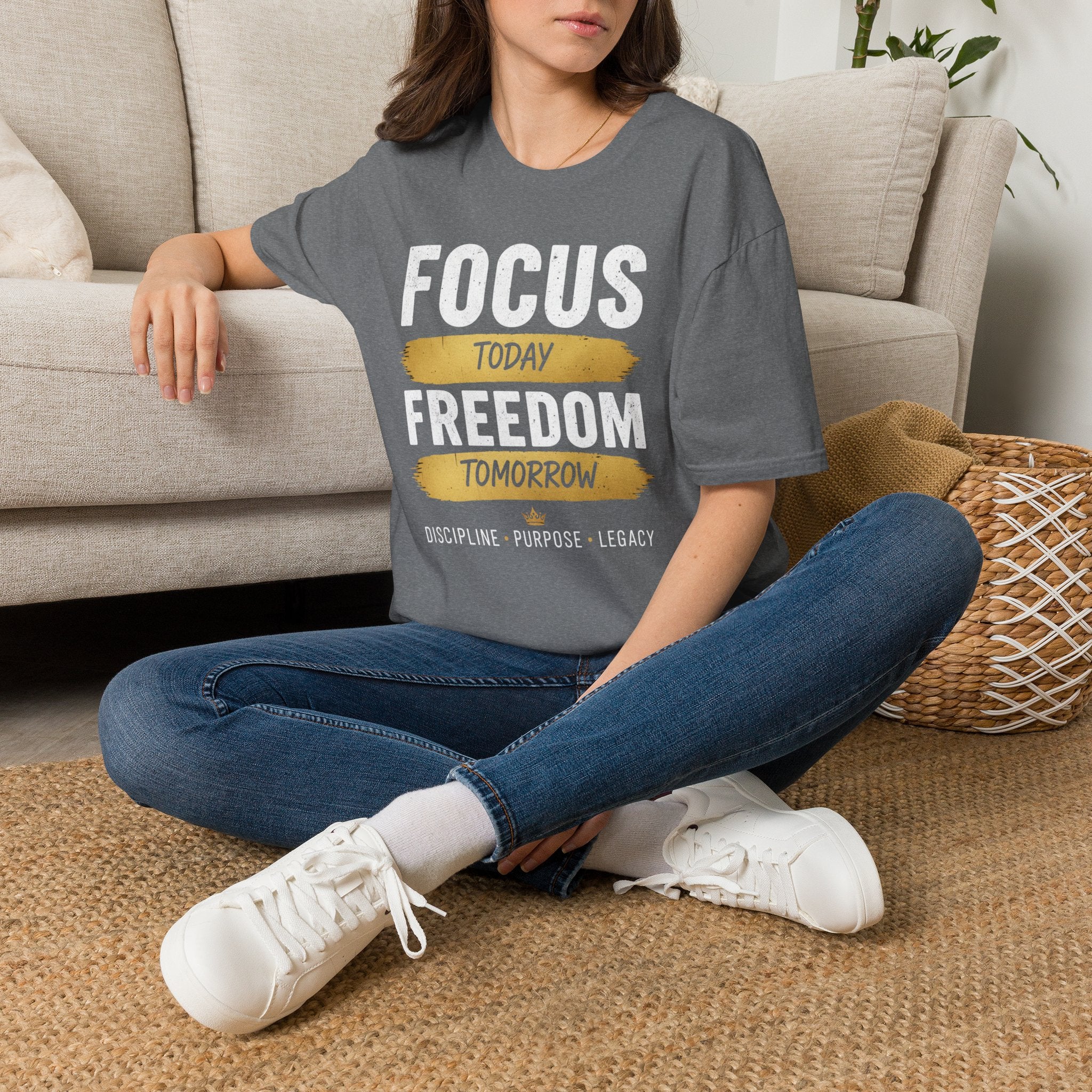 T-Shirt — "Focus Today, Rest Tomorrow" Gold Brush Stroke Inspirational Tee