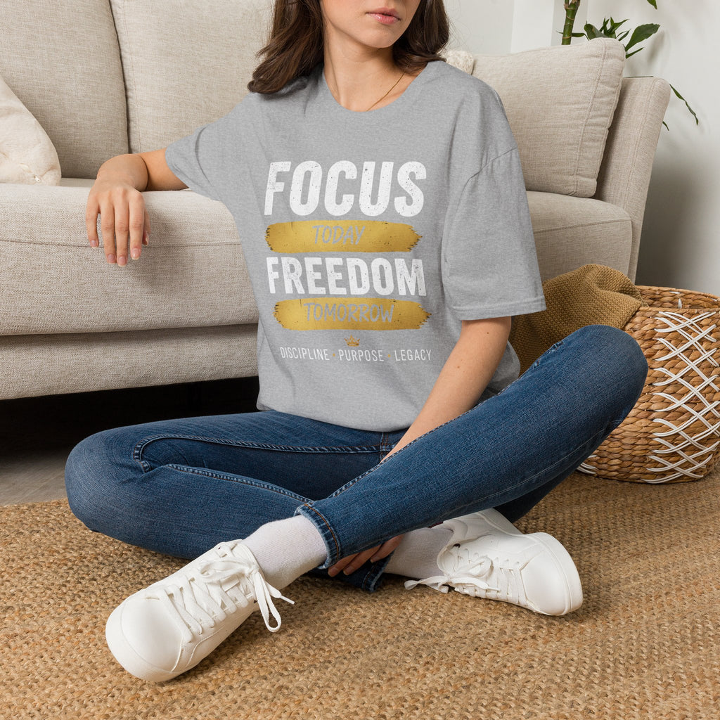 T-Shirt — "Focus Today, Rest Tomorrow" Gold Brush Stroke Inspirational Tee