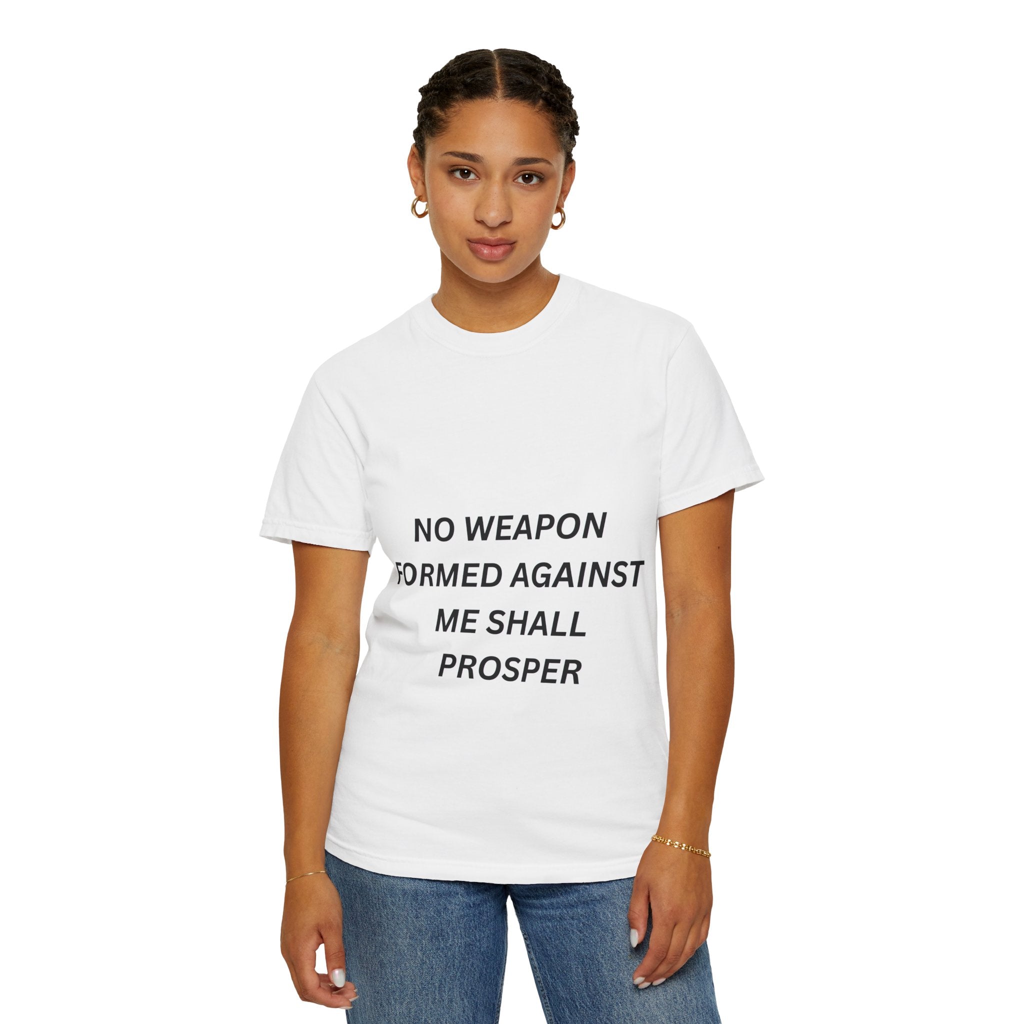 Christian Scripture T-Shirt — "No Weapon Formed Against Me Shall Prosper" with Jesus Portrait